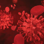 Covid-19 virus on a red background