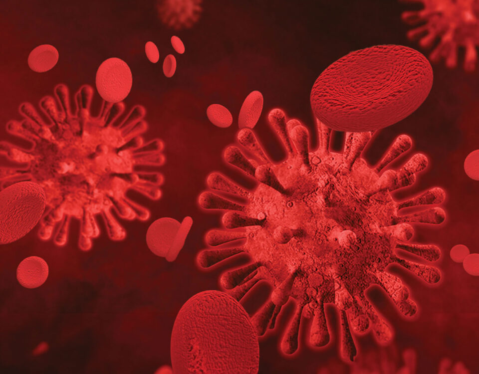 Covid-19 virus on a red background