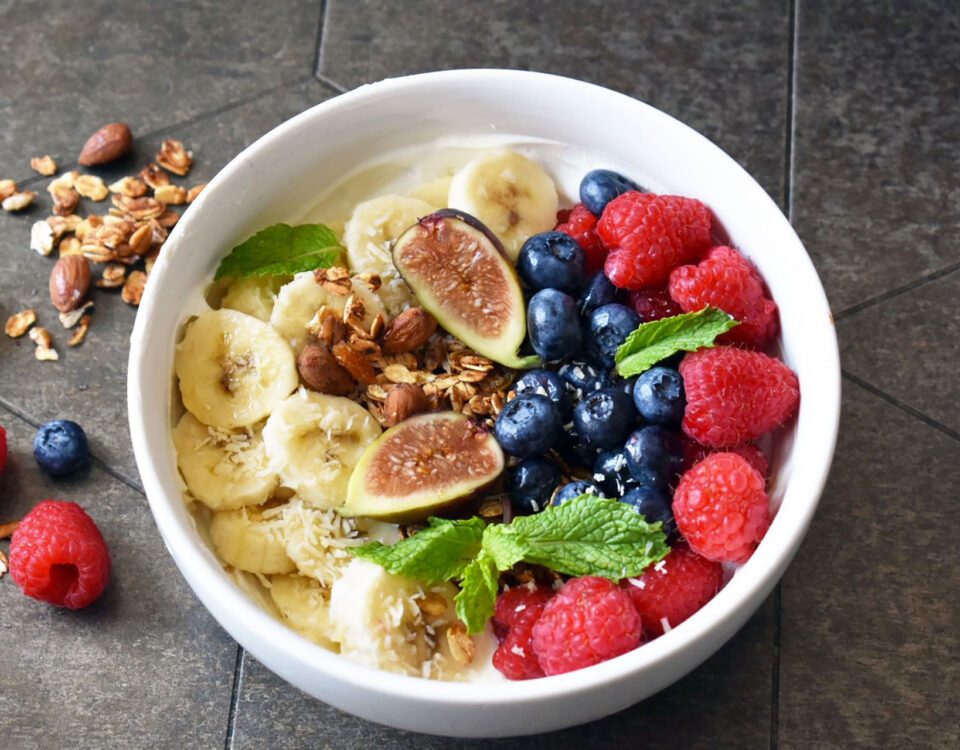 A bowl full of cardiovascular superfoods sitting on a table.