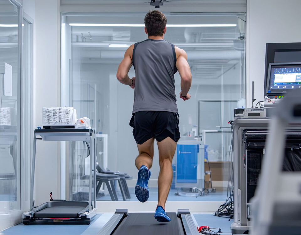 An athlete measuring his arterial health while running on a treadmill.