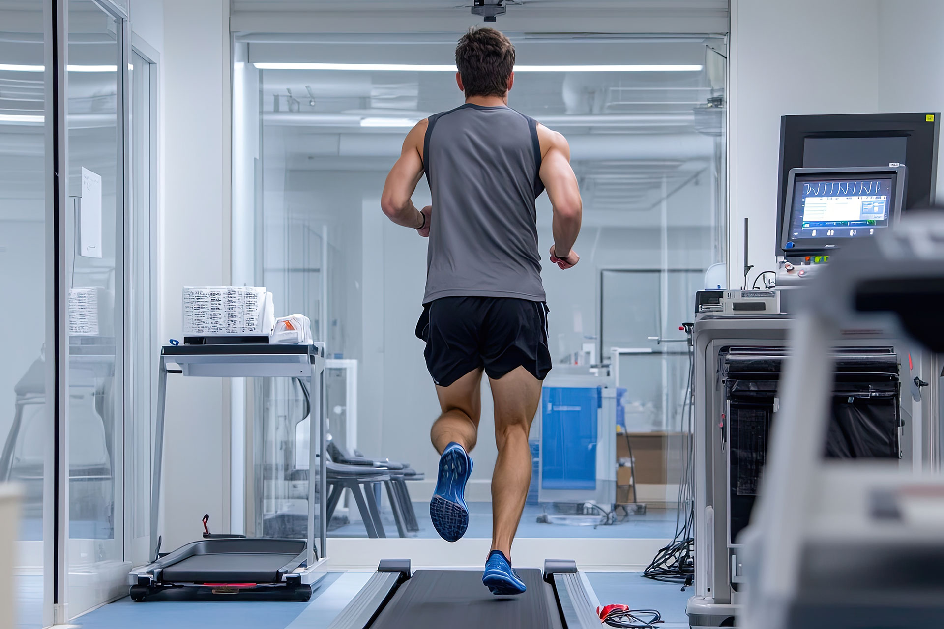 An athlete measuring his arterial health while running on a treadmill.