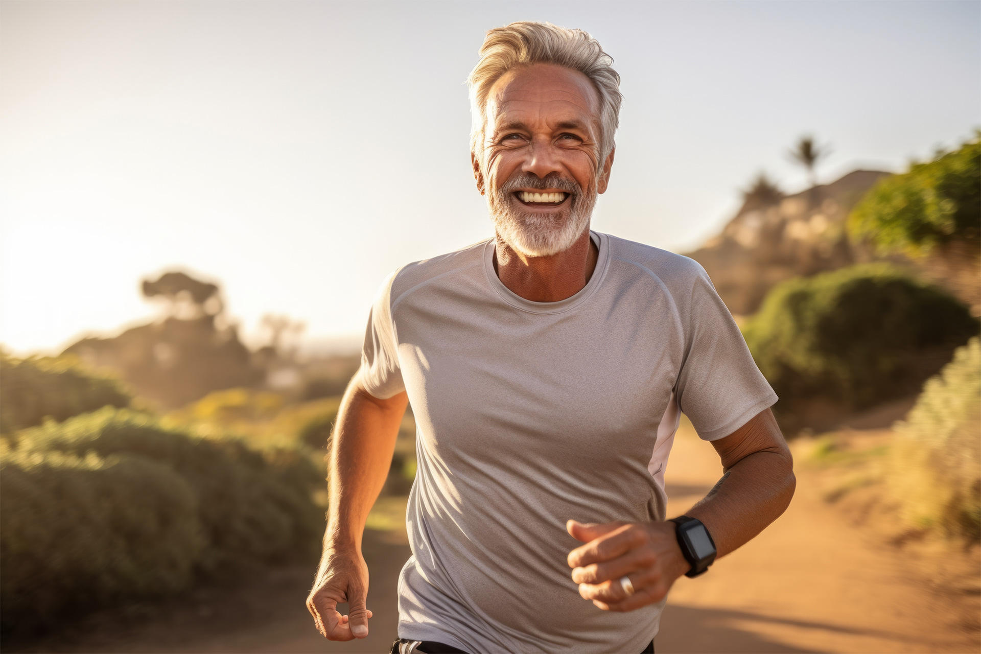 A fit, middle-age man runs on trail thinking about his SEVR