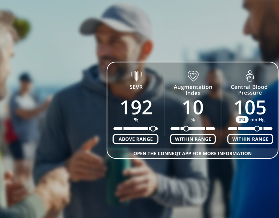 Biohacker-style health tracking concept with man reviewing digital performance metrics on-screen; symbolizes advanced longevity routines.