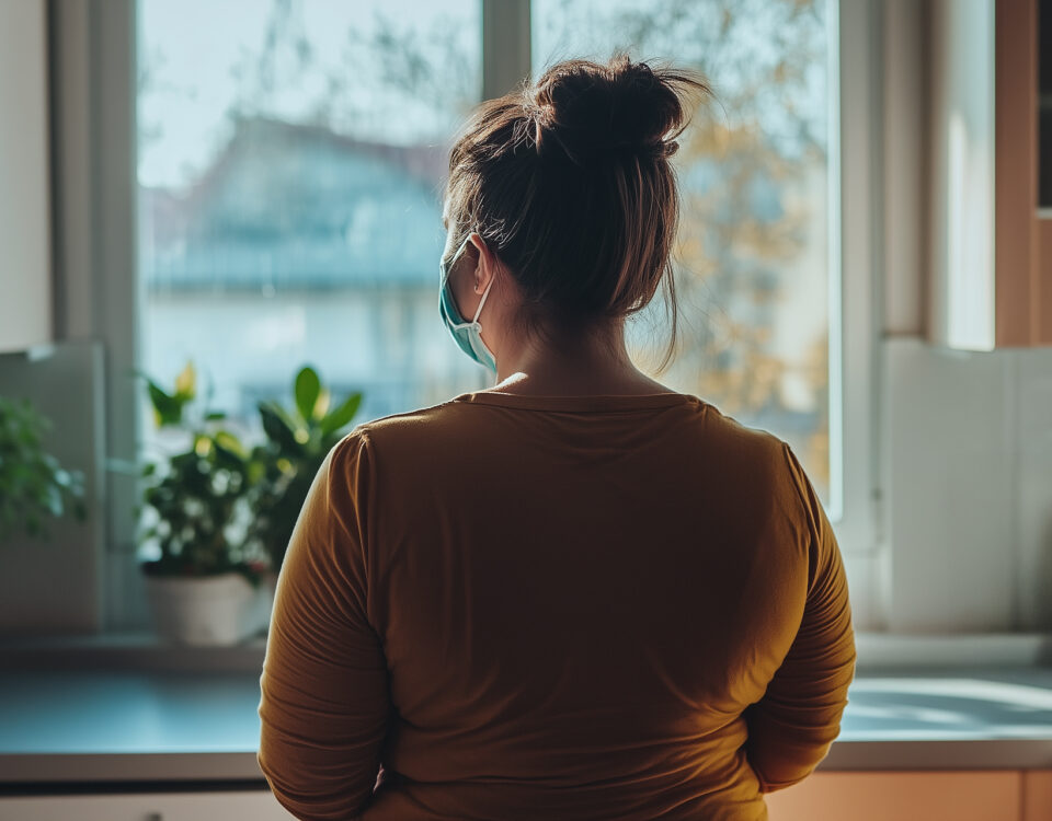 Woman wearing a mask, staring out a window during COVID infection—representing the silent, long-term vascular effects of COVID, including arterial stiffness and autonomic dysfunction.”
