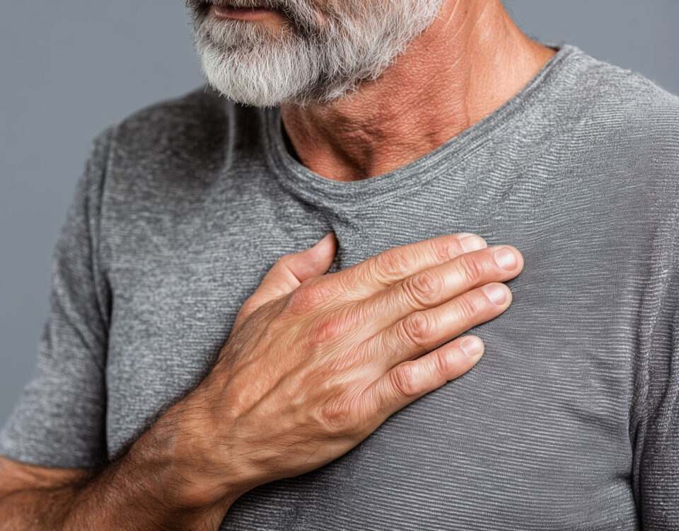 Man standing with his hand over his chest, reflecting subtle changes in cardiovascular health