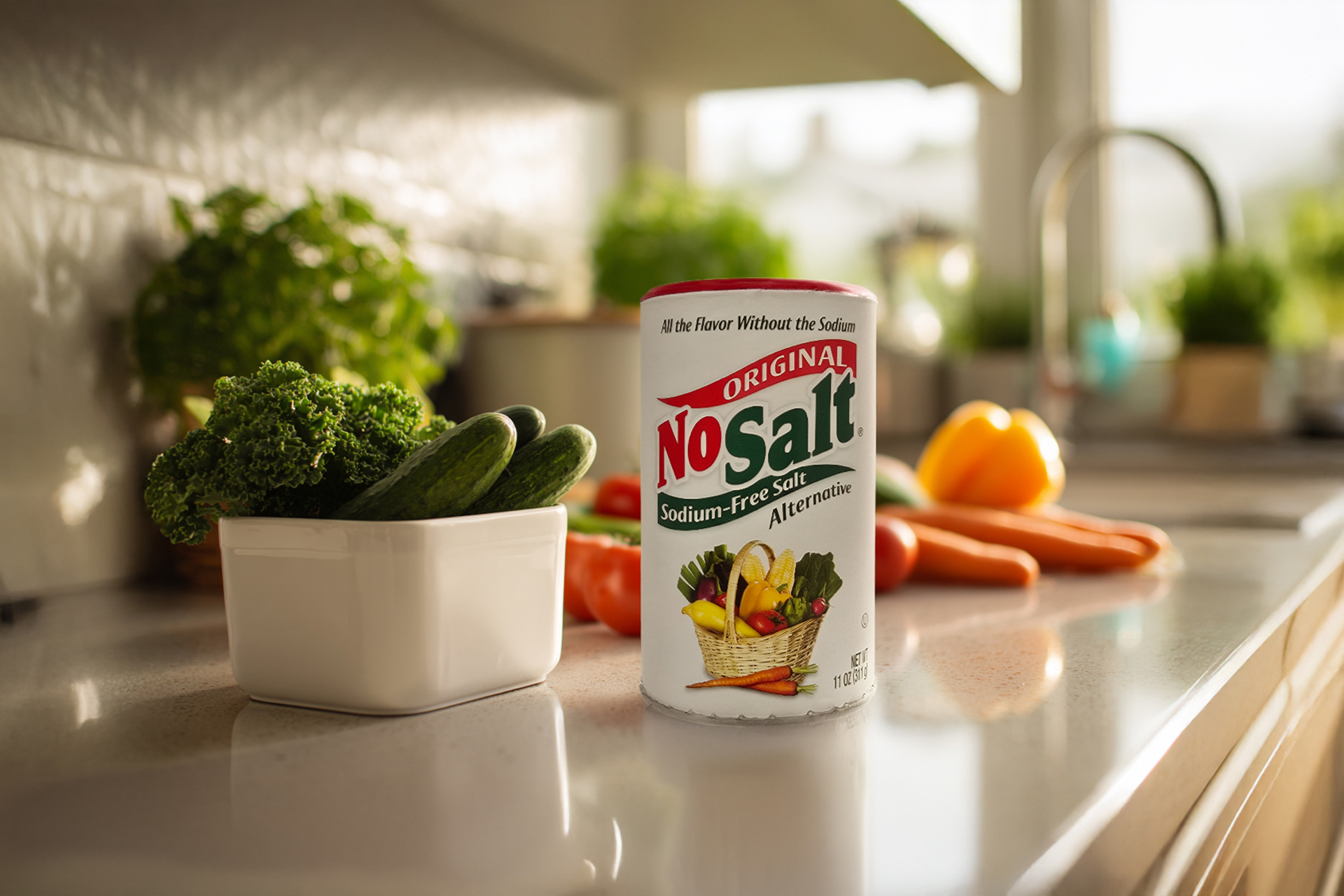 Potassium-based salt substitute placed next to fresh produce on a kitchen counter