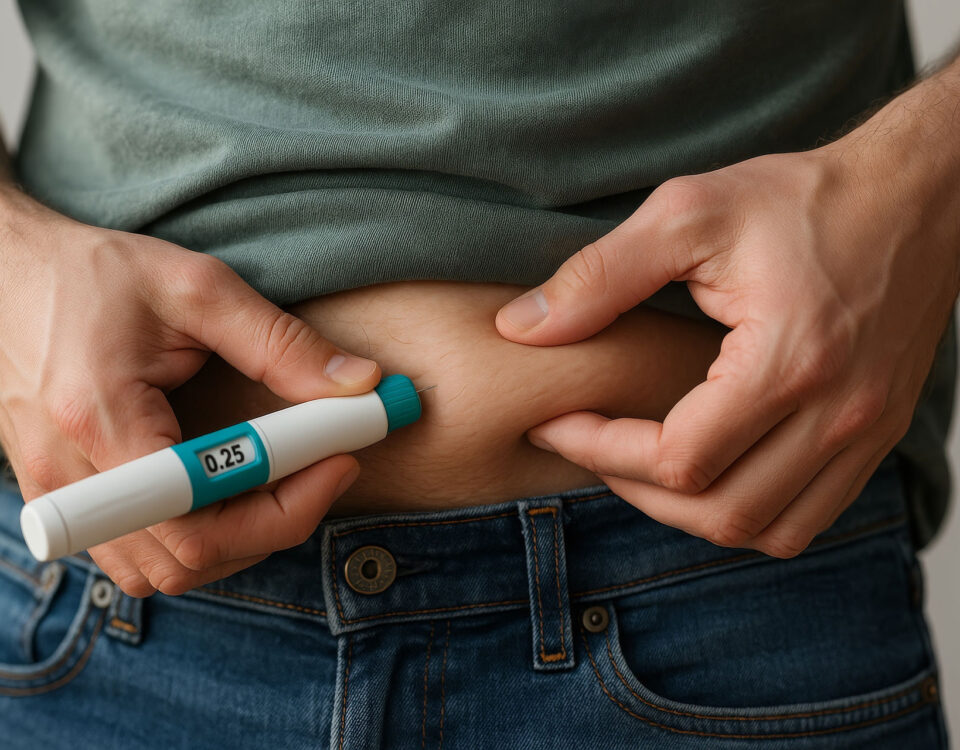 A Man Self-Injects a GLP-1 Treatment Using an Injector Pen on His Belly.