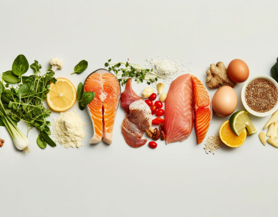 Healthy whole foods including fruits, vegetables, legumes, and lean proteins aligned with the 2025 Dietary Guidelines for heart health