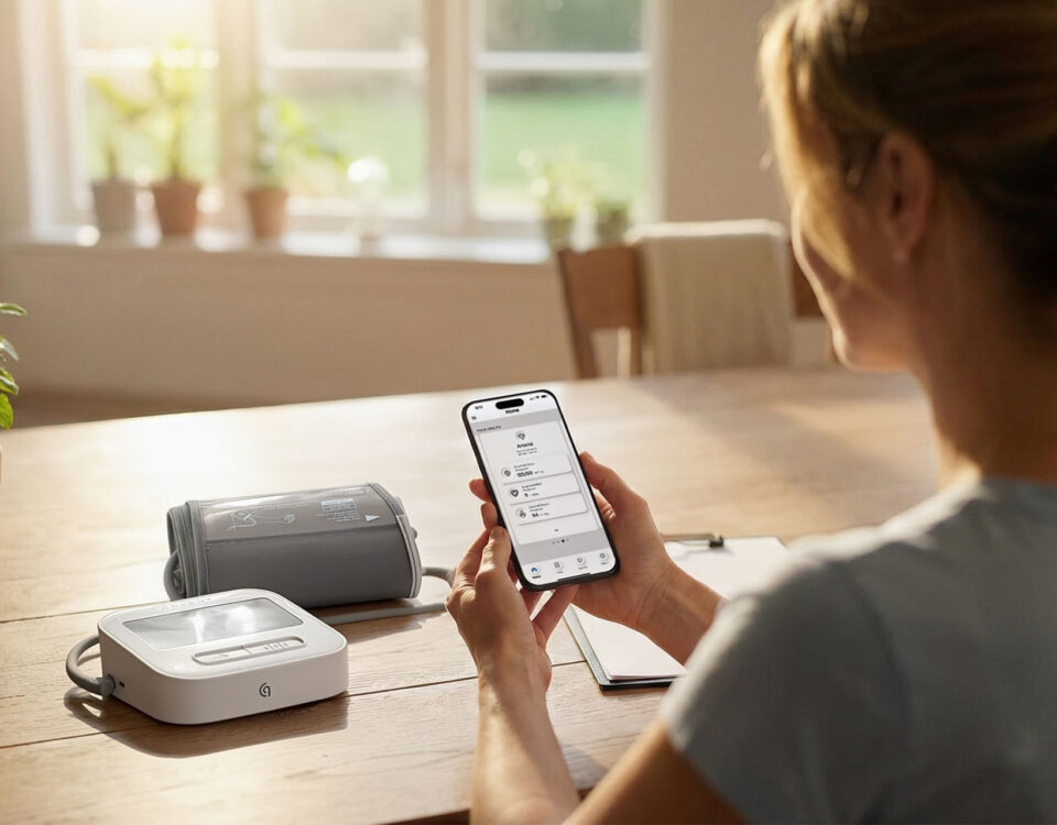 Woman checking her blood pressure to learn what 120/80 means