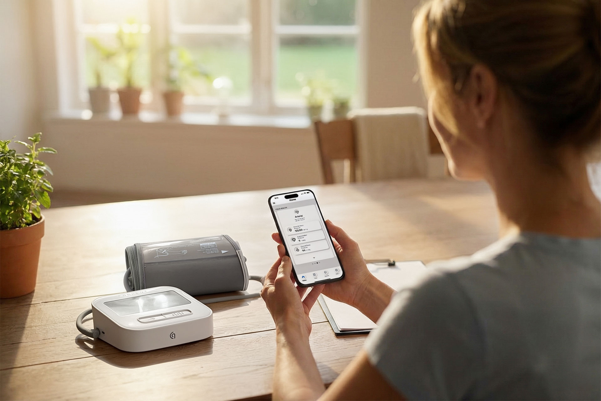 Woman checking her blood pressure to learn what 120/80 means