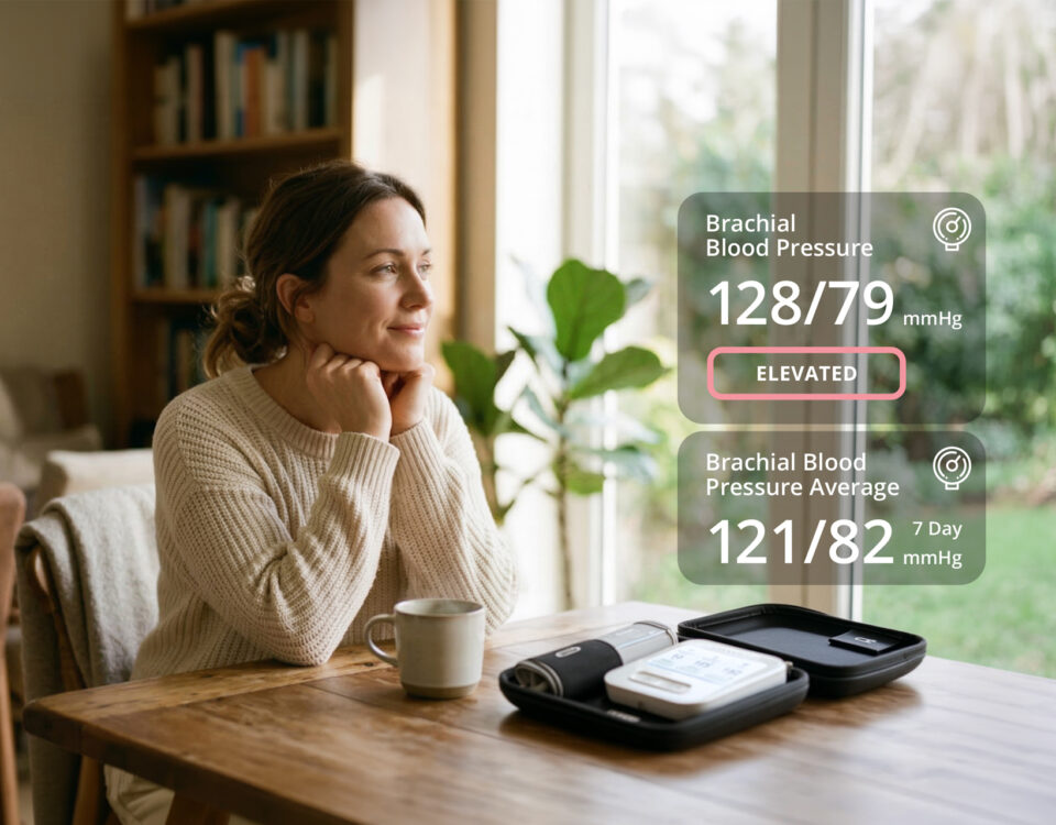 A woman sitting at home and wondering when blood pressure is high.