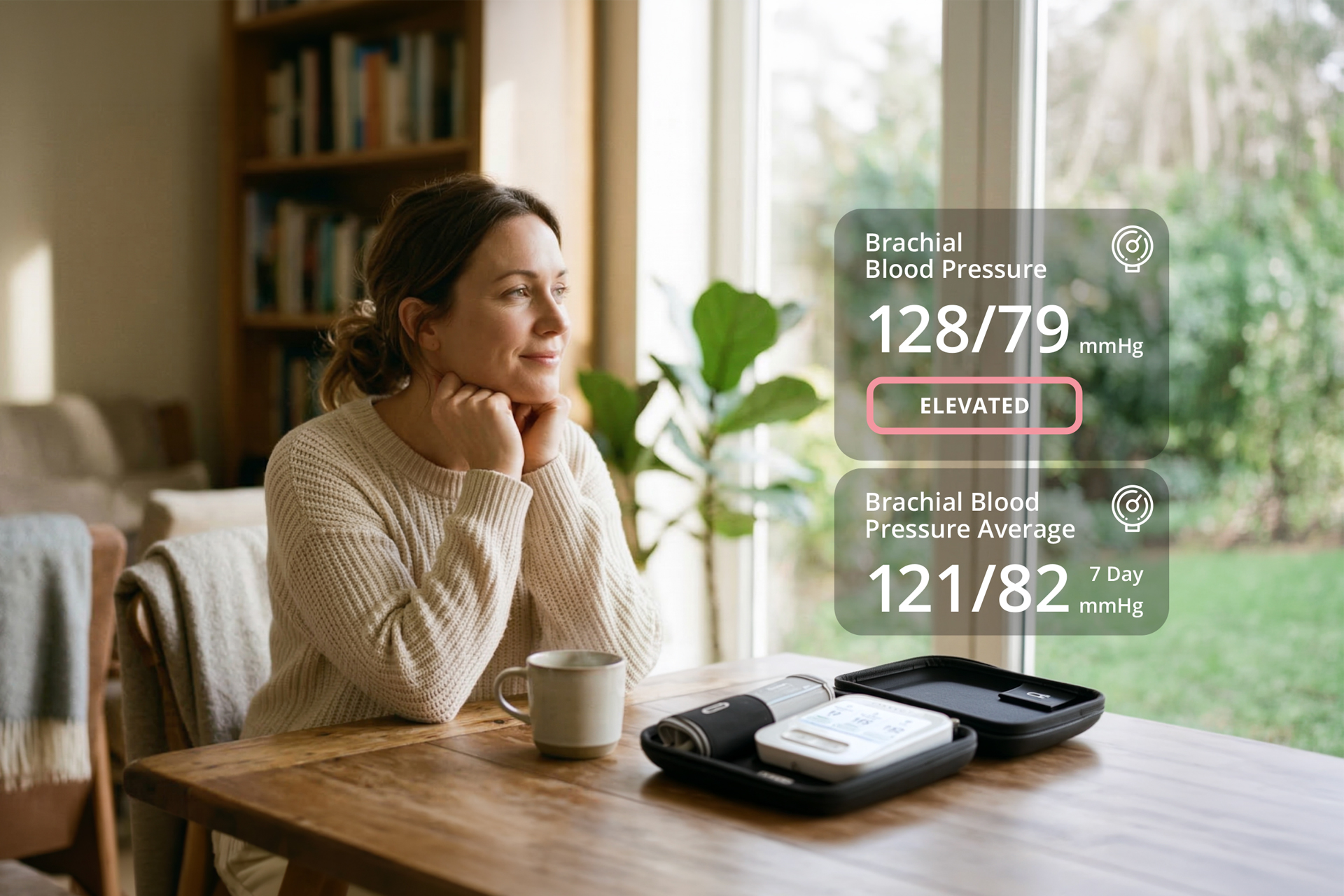 A woman sitting at home and wondering when blood pressure is high.