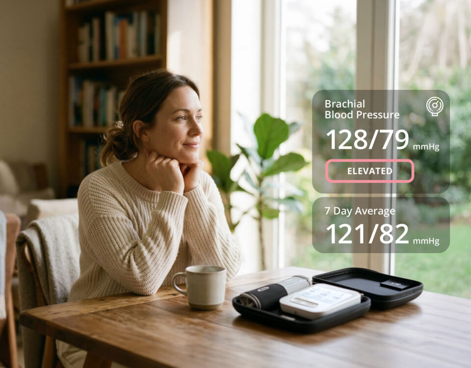 A woman sitting at home and wondering when blood pressure is high.