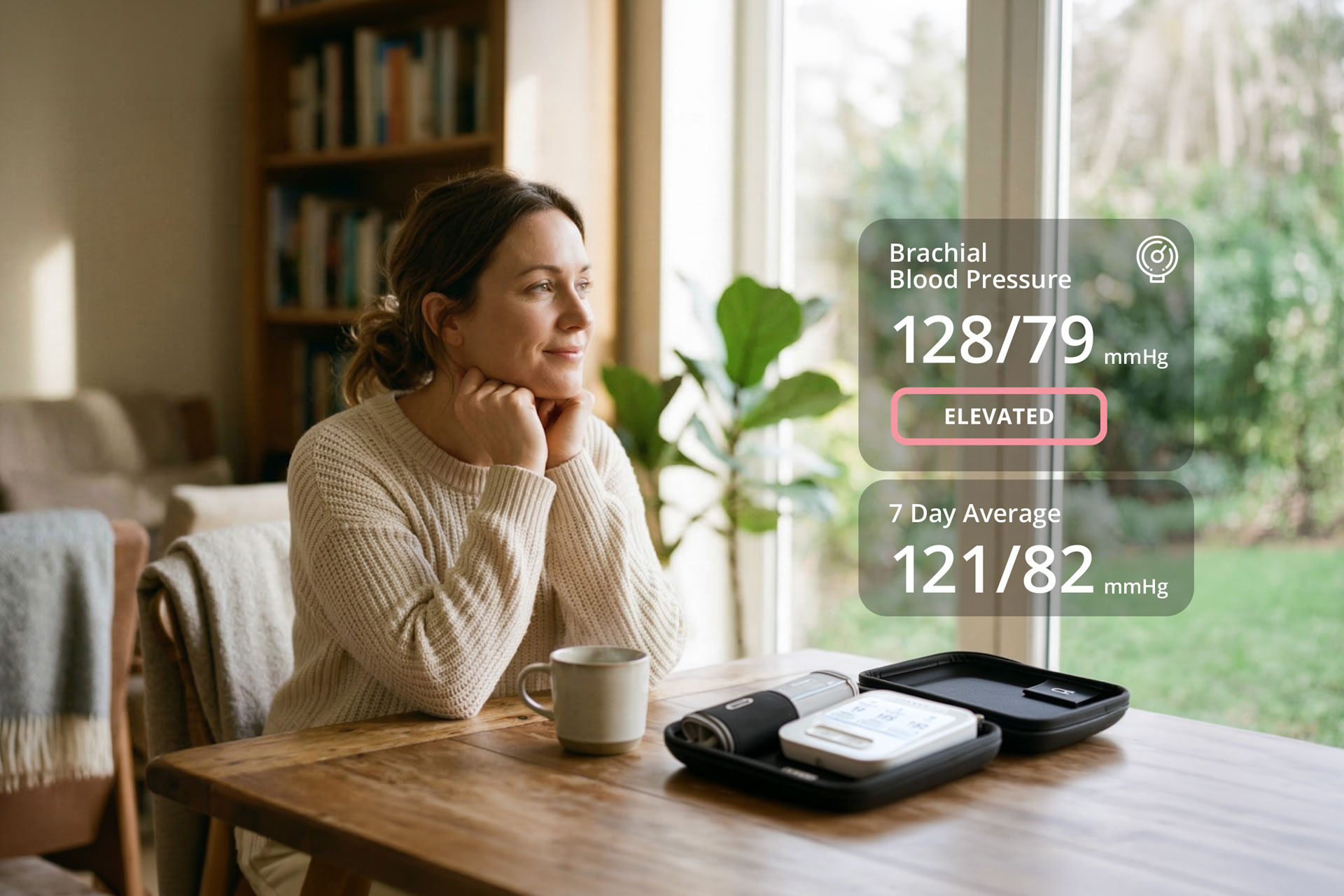 A woman sitting at home and wondering when blood pressure is high.