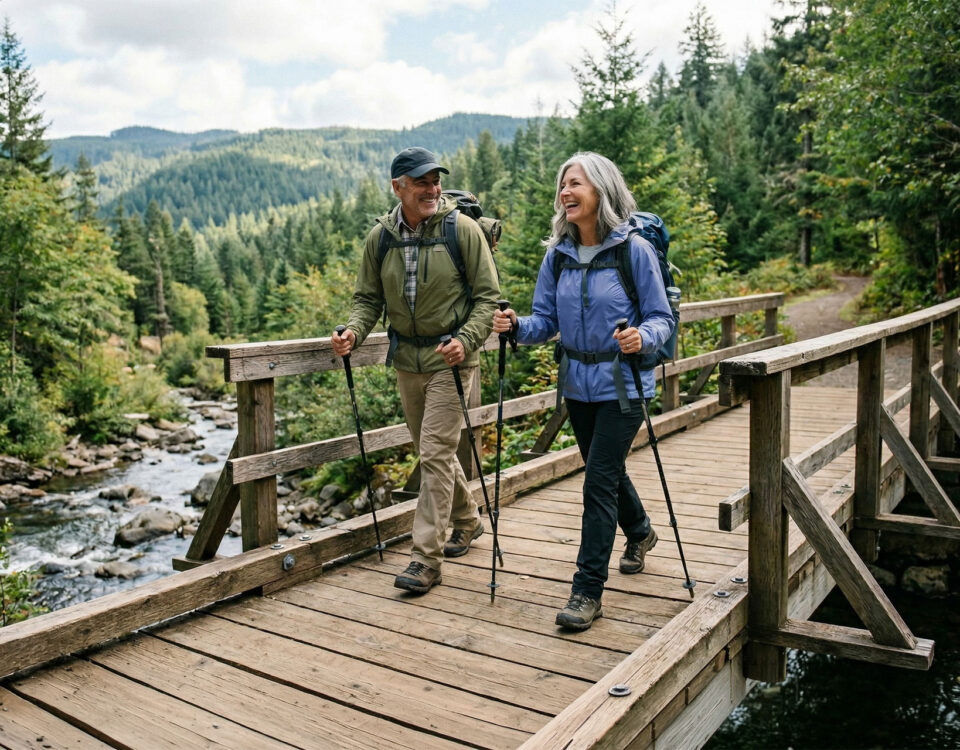 Fit couple walking across a bridge in the wood discussing what ai ApoB.