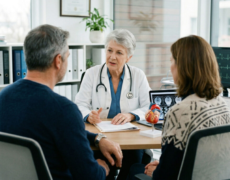 A couple discussing the early signs of arterial stiffness with their doctor.