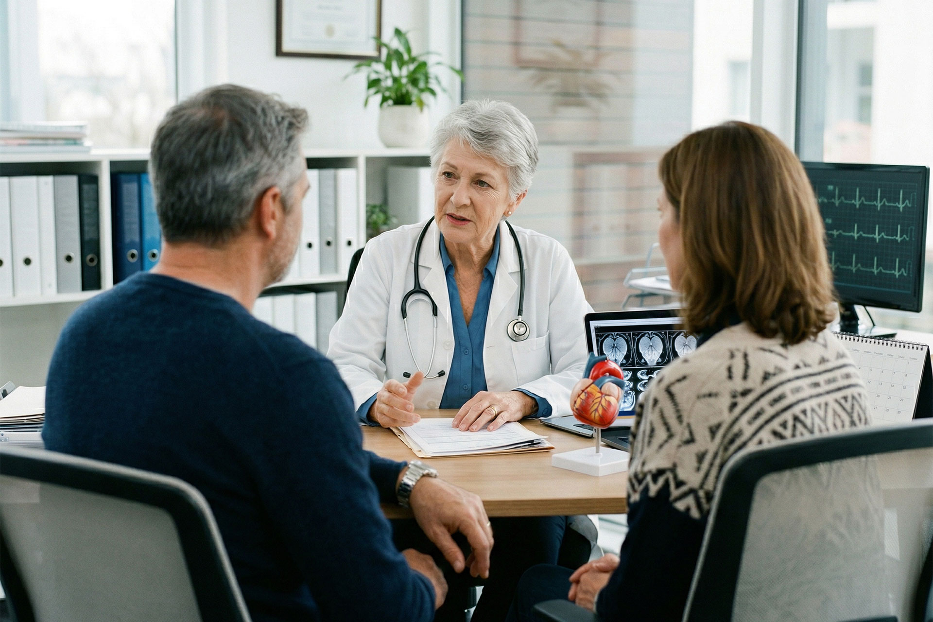 A couple discussing the early signs of arterial stiffness with their doctor.