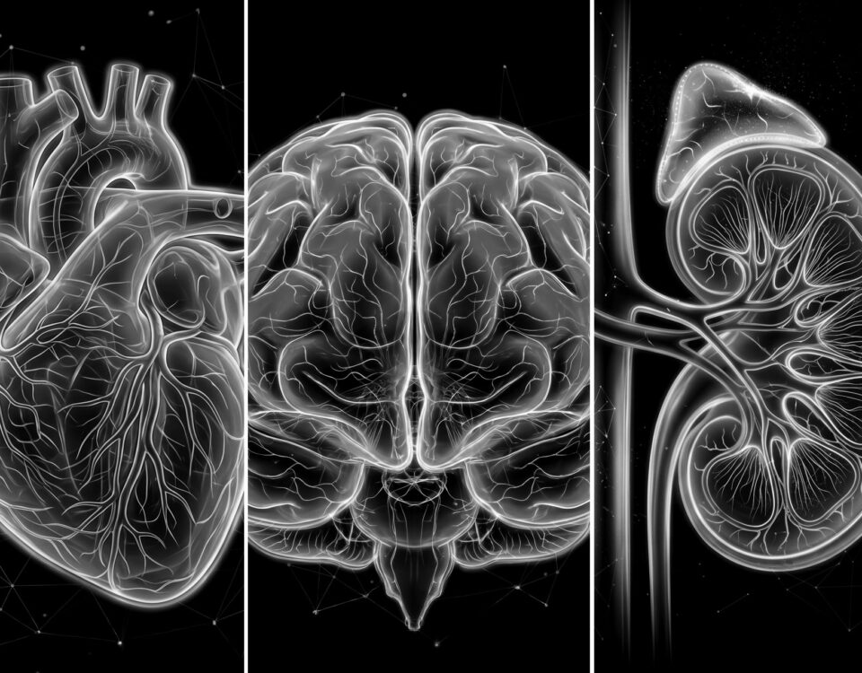 An illustration showing the impact of central blood pressure vs brachial on your heart, brain, and kidneys.