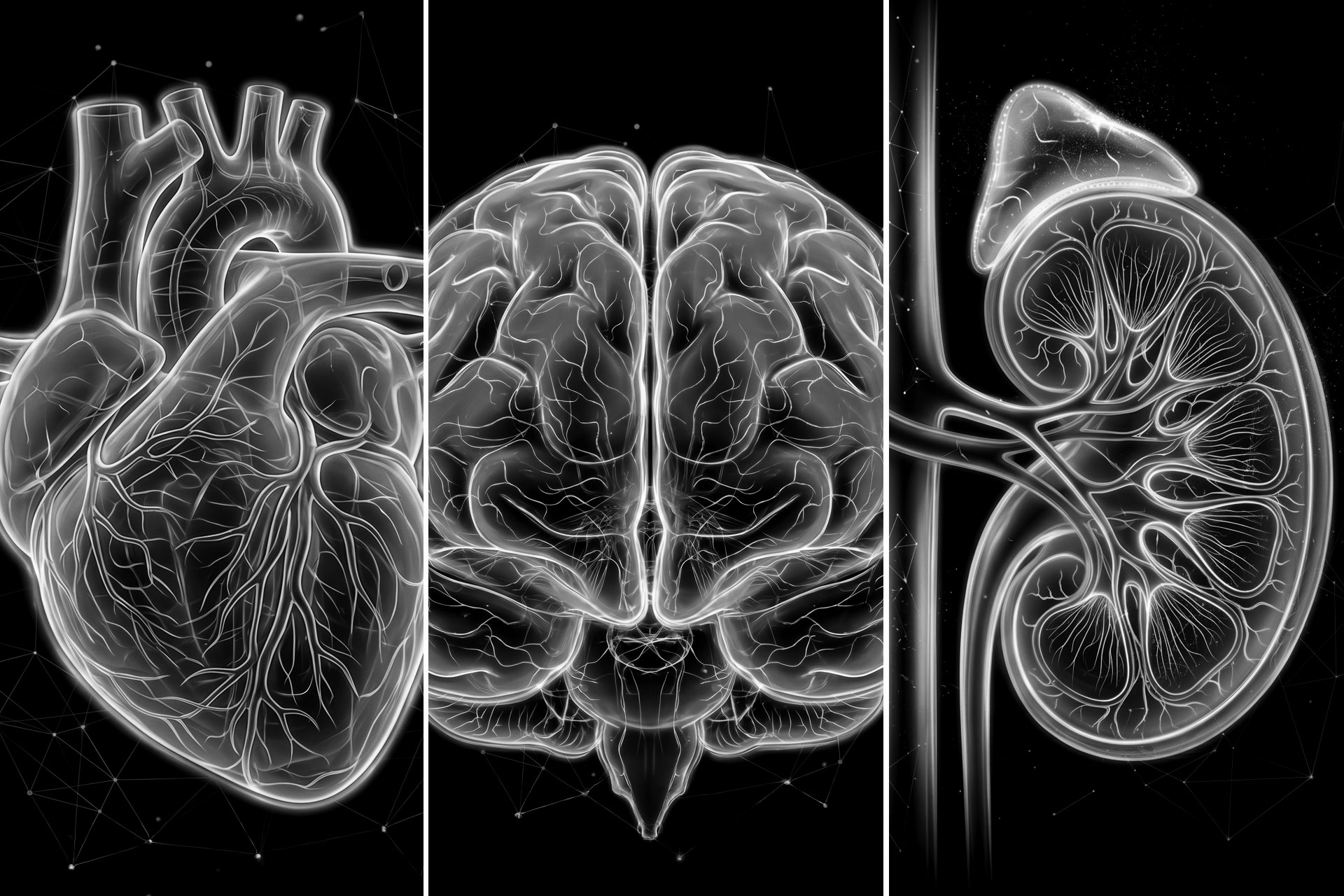 An illustration showing the impact of central blood pressure vs brachial on your heart, brain, and kidneys.