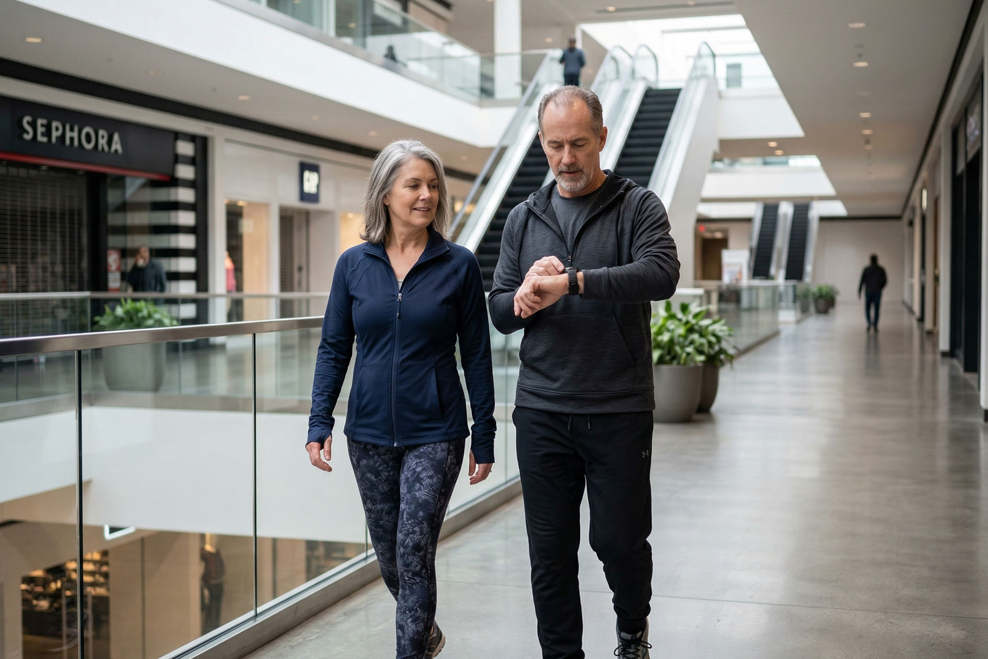 A couple discussing if 10,000 steps is enough for heart health.