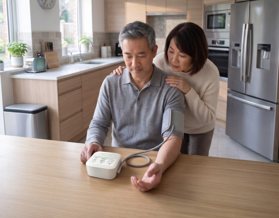 Couple in their kitchen discussing why is my first blood pressure reading higher.