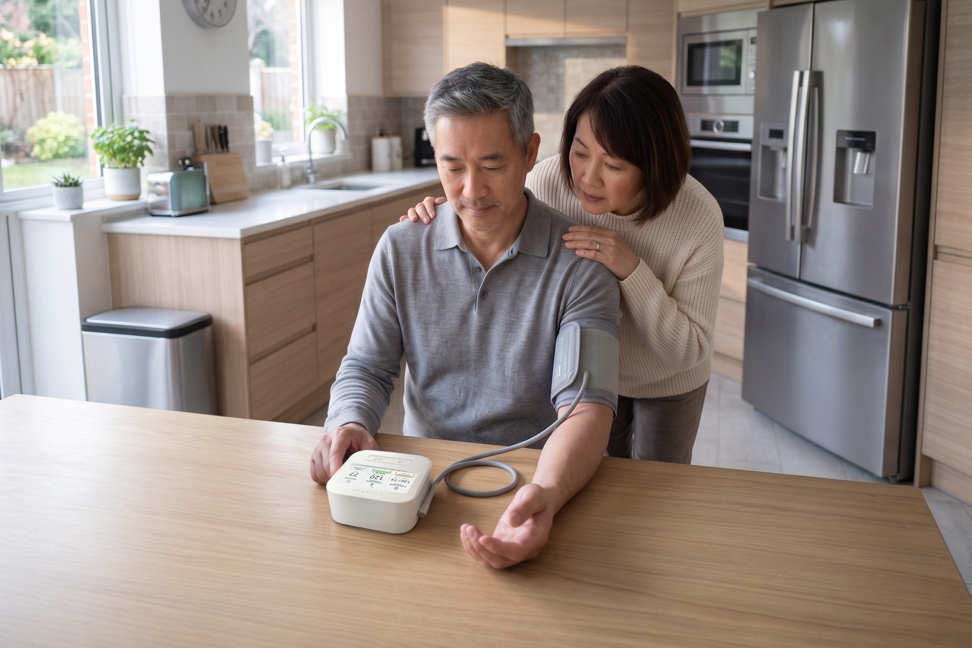Couple in their kitchen discussing why is my first blood pressure reading higher.