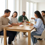 A group of friends sitting around a table discussing early cardiovascular risk. One man is taking his blood pressure.