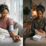 A woman at home thinking about the best time to take your blood pressure.