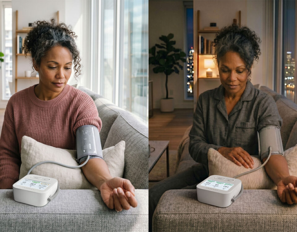 A woman at home thinking about the best time to take your blood pressure.