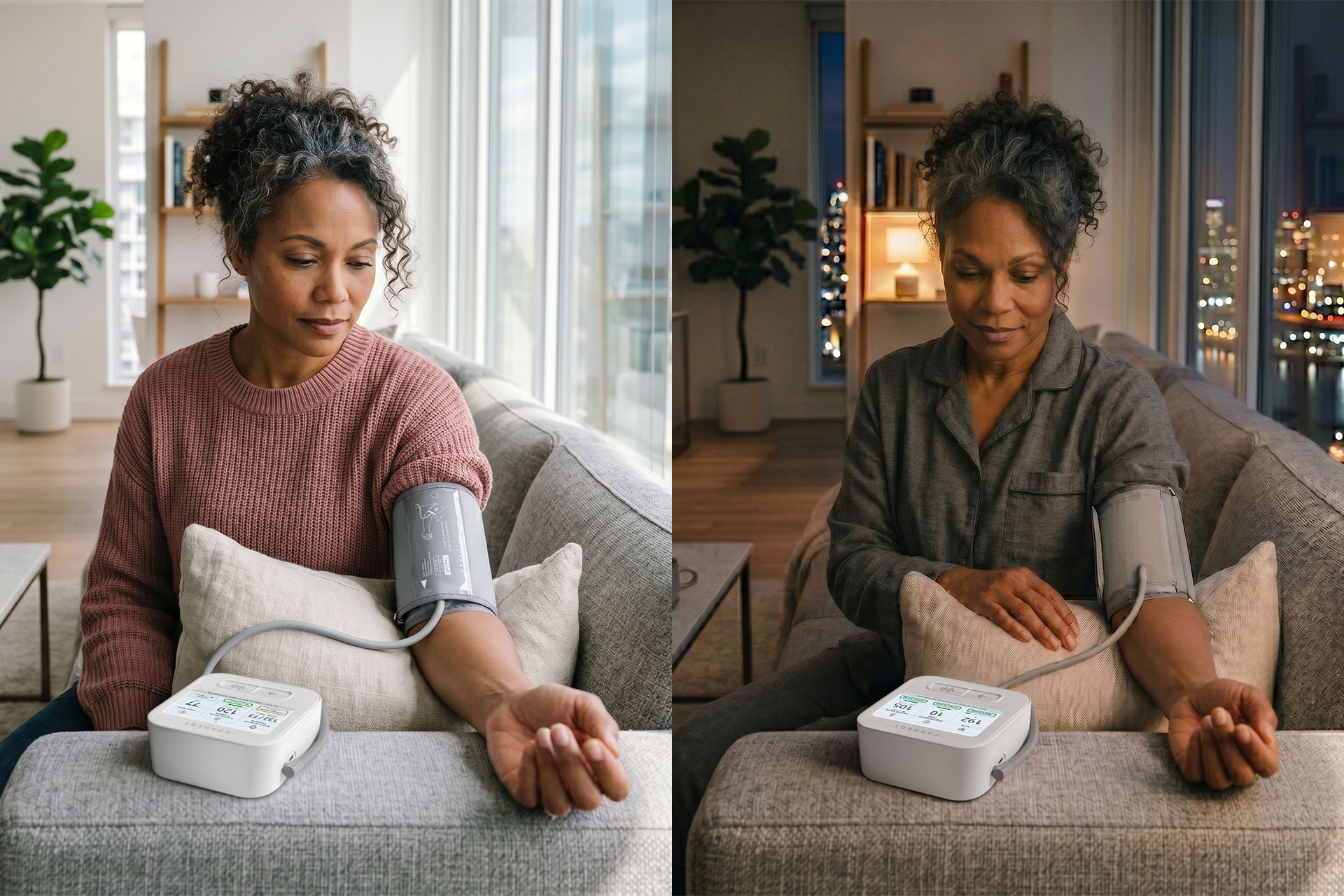 A woman at home thinking about the best time to take your blood pressure.