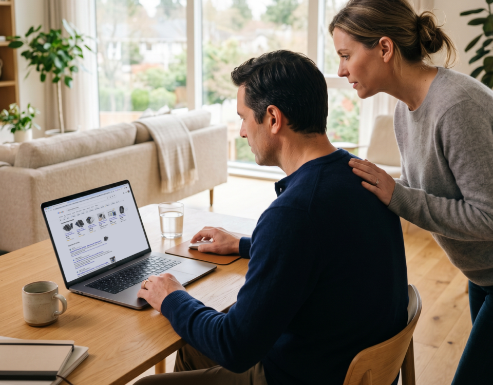 Couple researching online and learning what to look for in a blood pressure monitor.