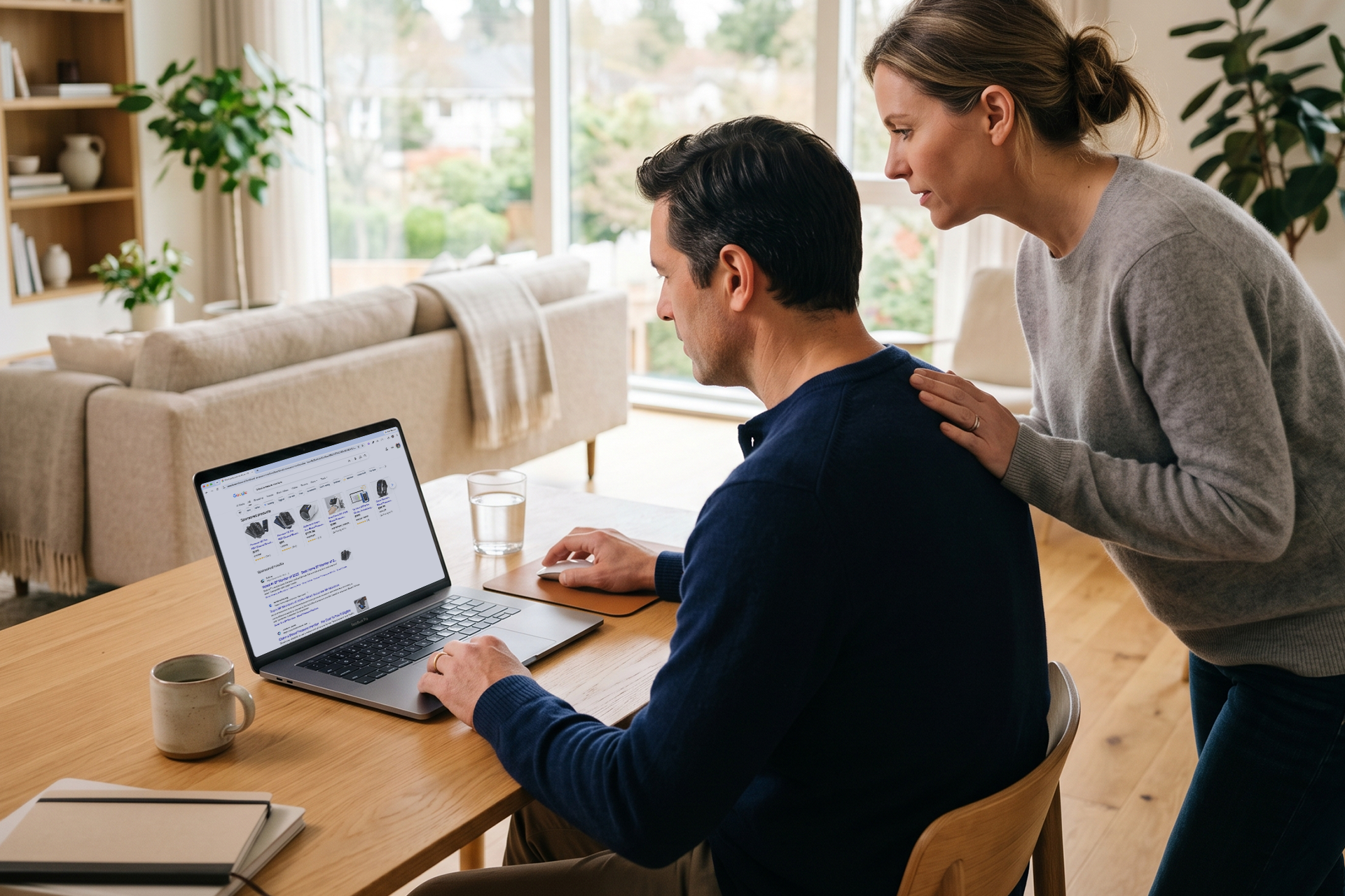 Couple researching online and learning what to look for in a blood pressure monitor.
