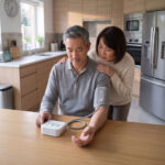 Couple in their kitchen discussing why is my first blood pressure reading higher.
