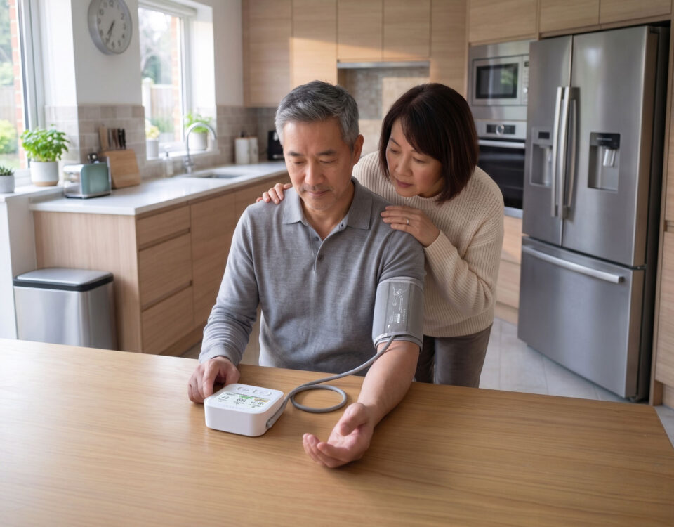 Couple in their kitchen discussing why is my first blood pressure reading higher.