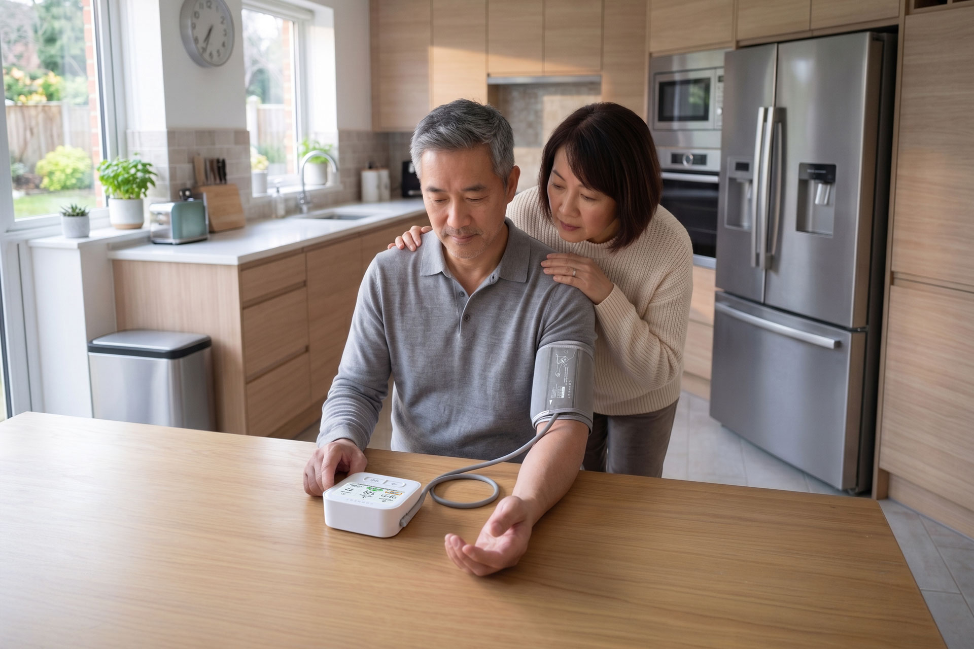 Couple in their kitchen discussing why is my first blood pressure reading higher.