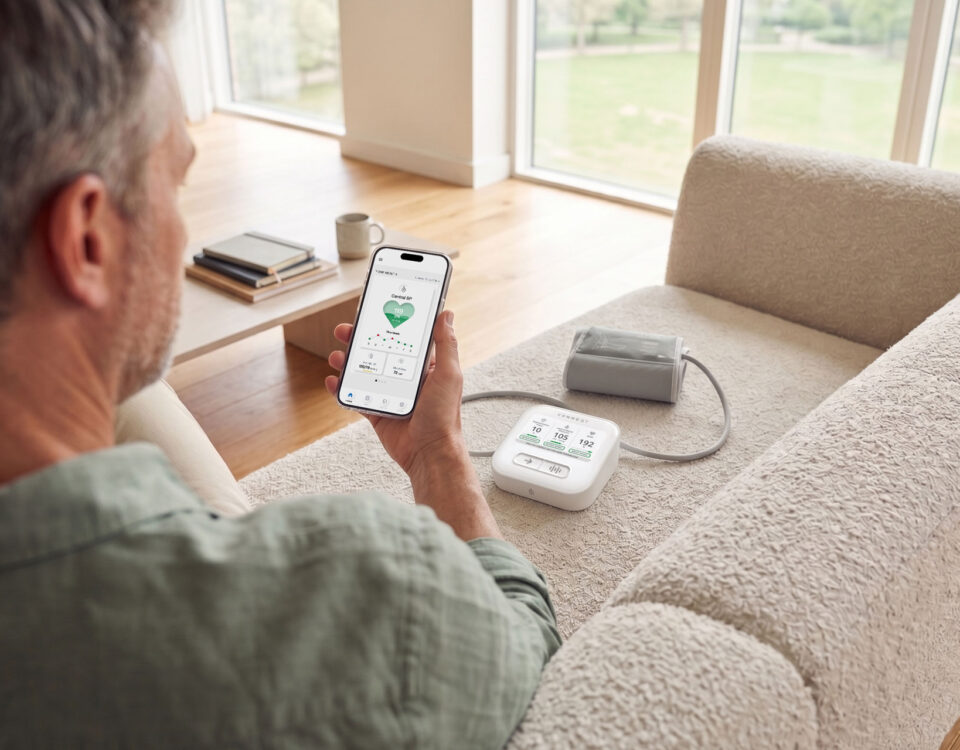 A man looking at his CONNEQT app thinking about home blood pressure monitor accuracy
