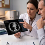 A doctor discussing a patient's coronary calcium score with him.