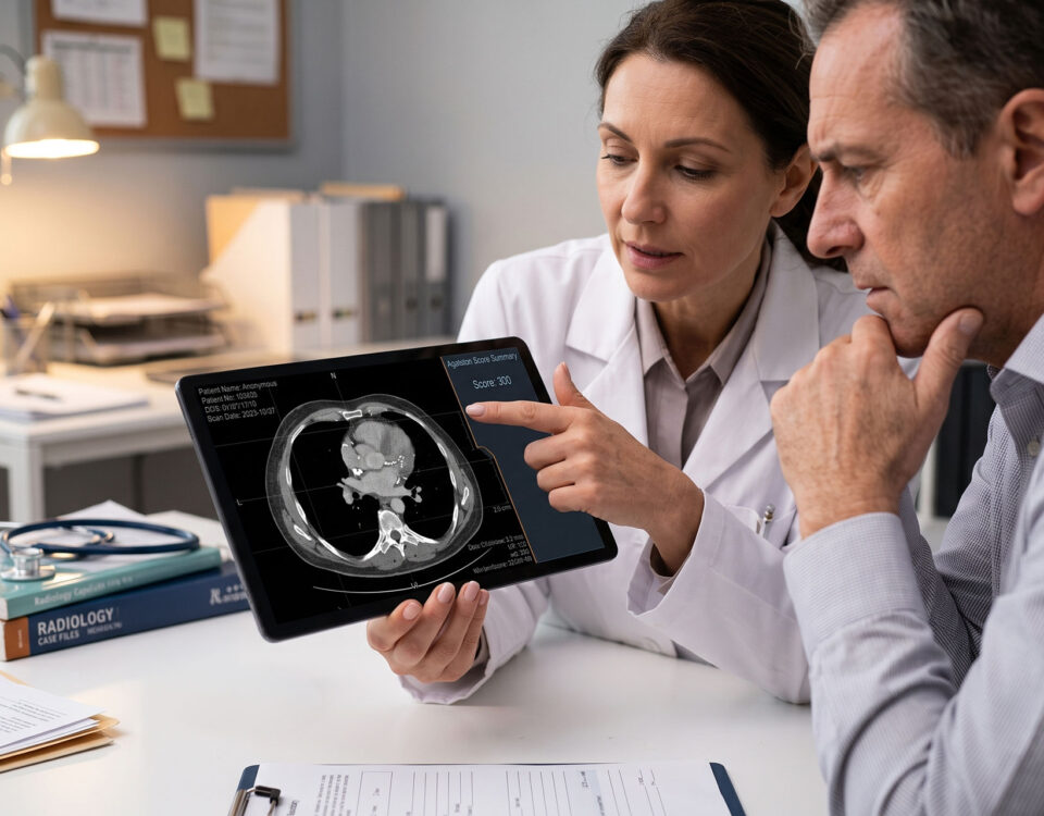A doctor discussing a patient's coronary calcium score with him.