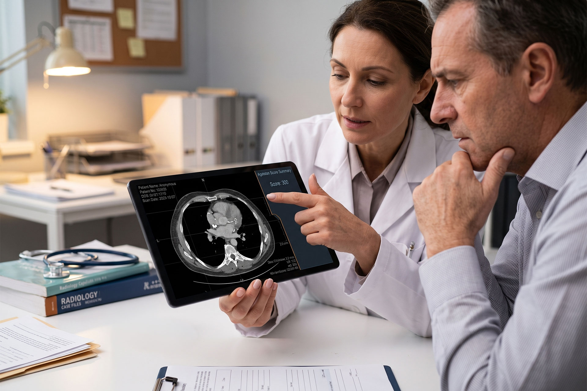 A doctor discussing a patient's coronary calcium score with him.