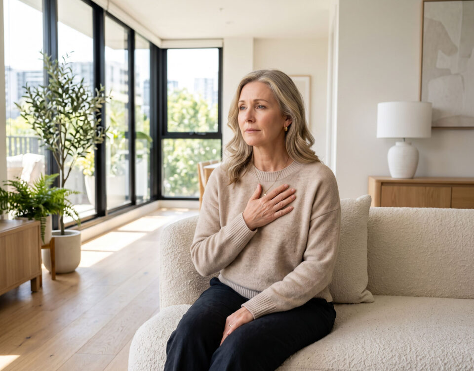 A woman thinking about menopause and heart health.