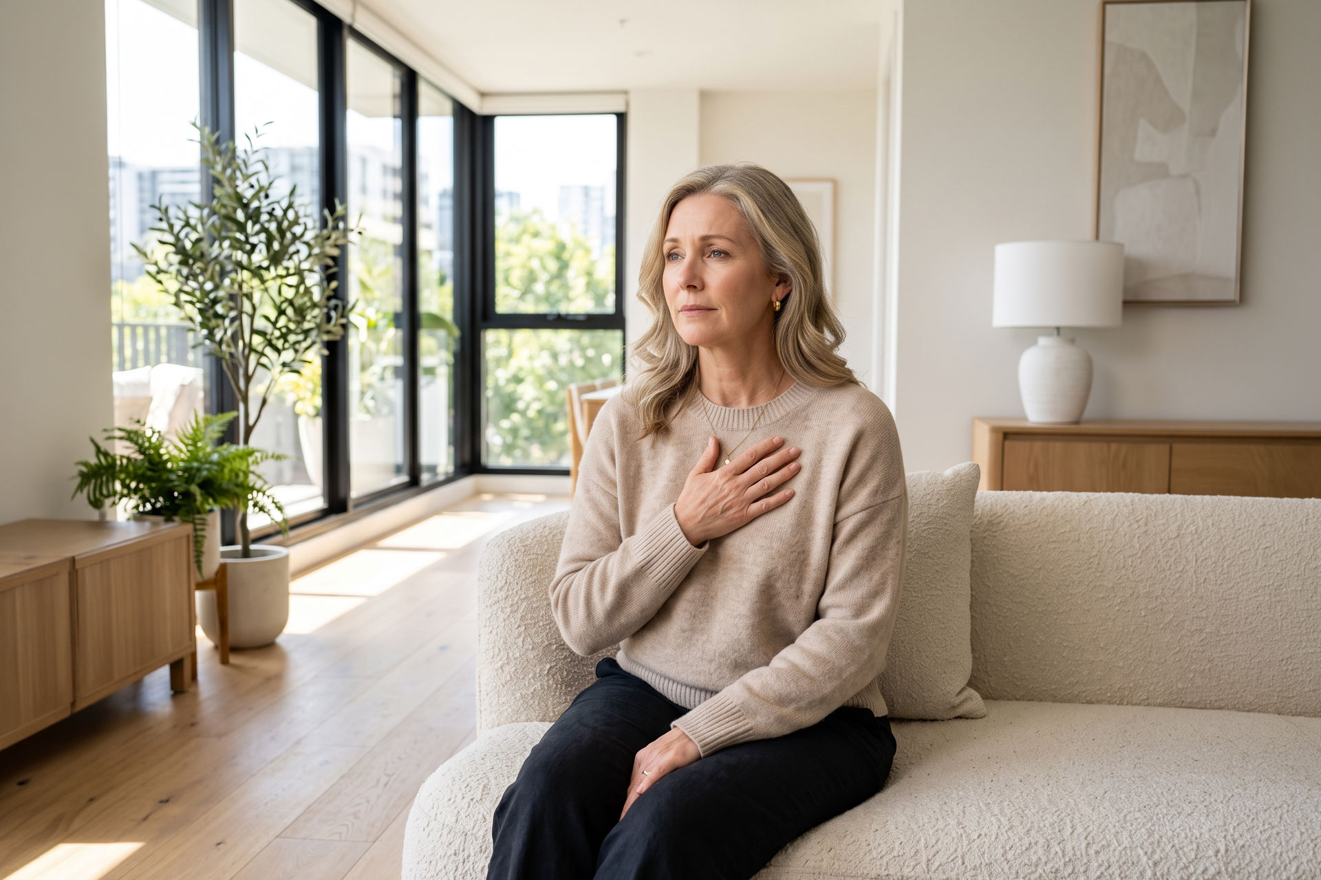 A woman thinking about menopause and heart health.
