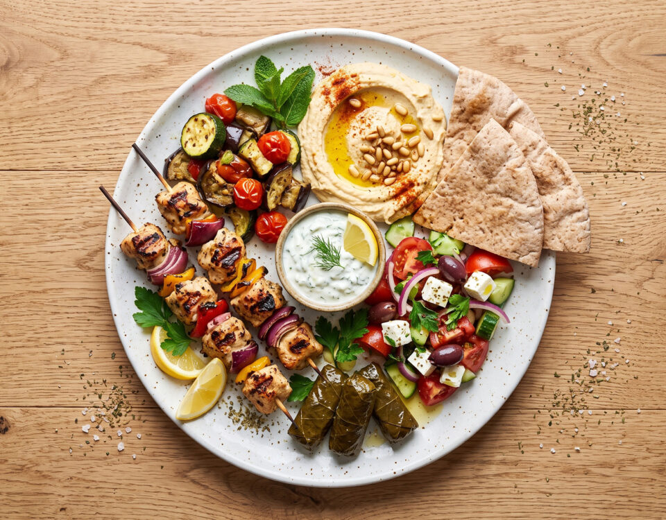 A plate sitting on a wooden table showing what to eat for heart health.