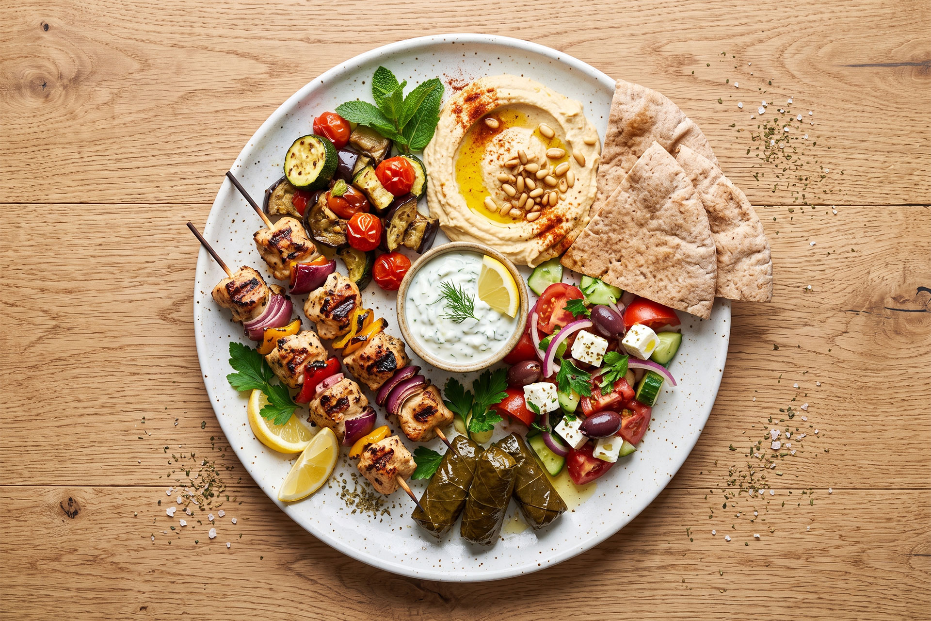 A plate sitting on a wooden table showing what to eat for heart health.