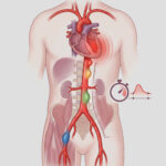 Pulse wave velocity illustration showing the pressure wave traveling down the aorta, with a stopwatch and ruler marking time and distance