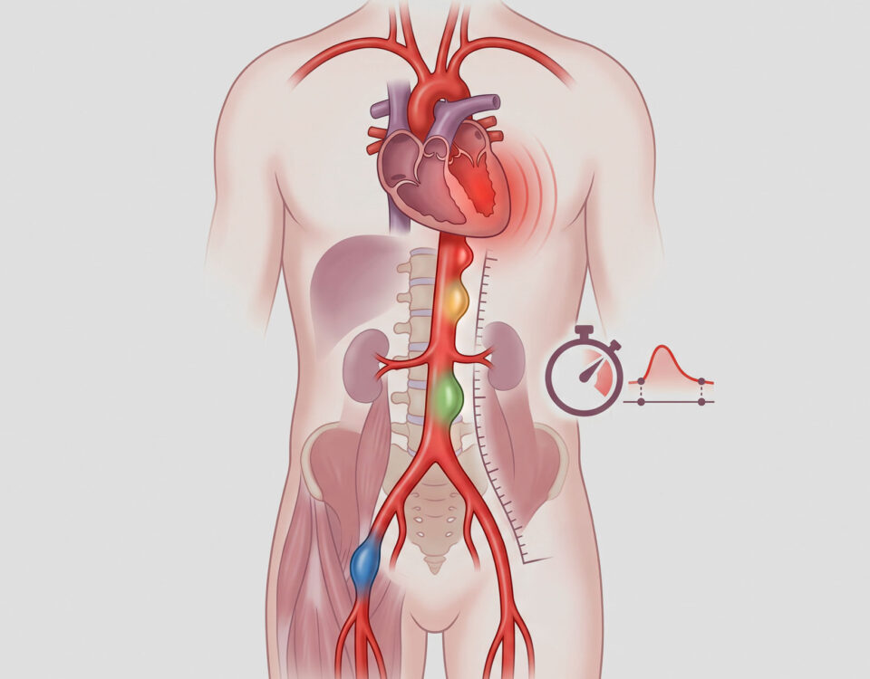 Pulse wave velocity illustration showing the pressure wave traveling down the aorta, with a stopwatch and ruler marking time and distance