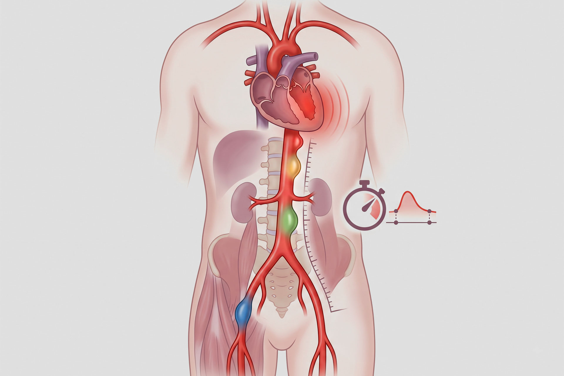 Pulse wave velocity illustration showing the pressure wave traveling down the aorta, with a stopwatch and ruler marking time and distance