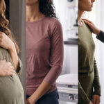 Women's heart health across a lifetime: a pregnant patient, a mammogram, and a midlife visit, each with a clinician.