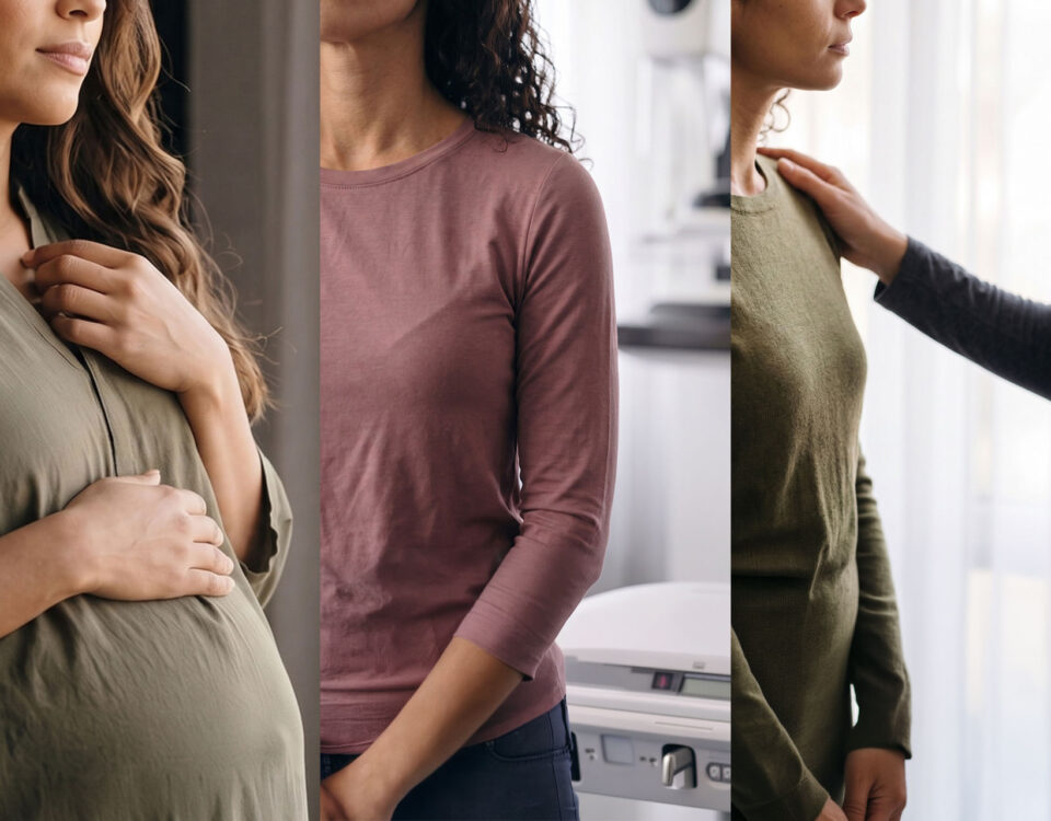 Women's heart health across a lifetime: a pregnant patient, a mammogram, and a midlife visit, each with a clinician.