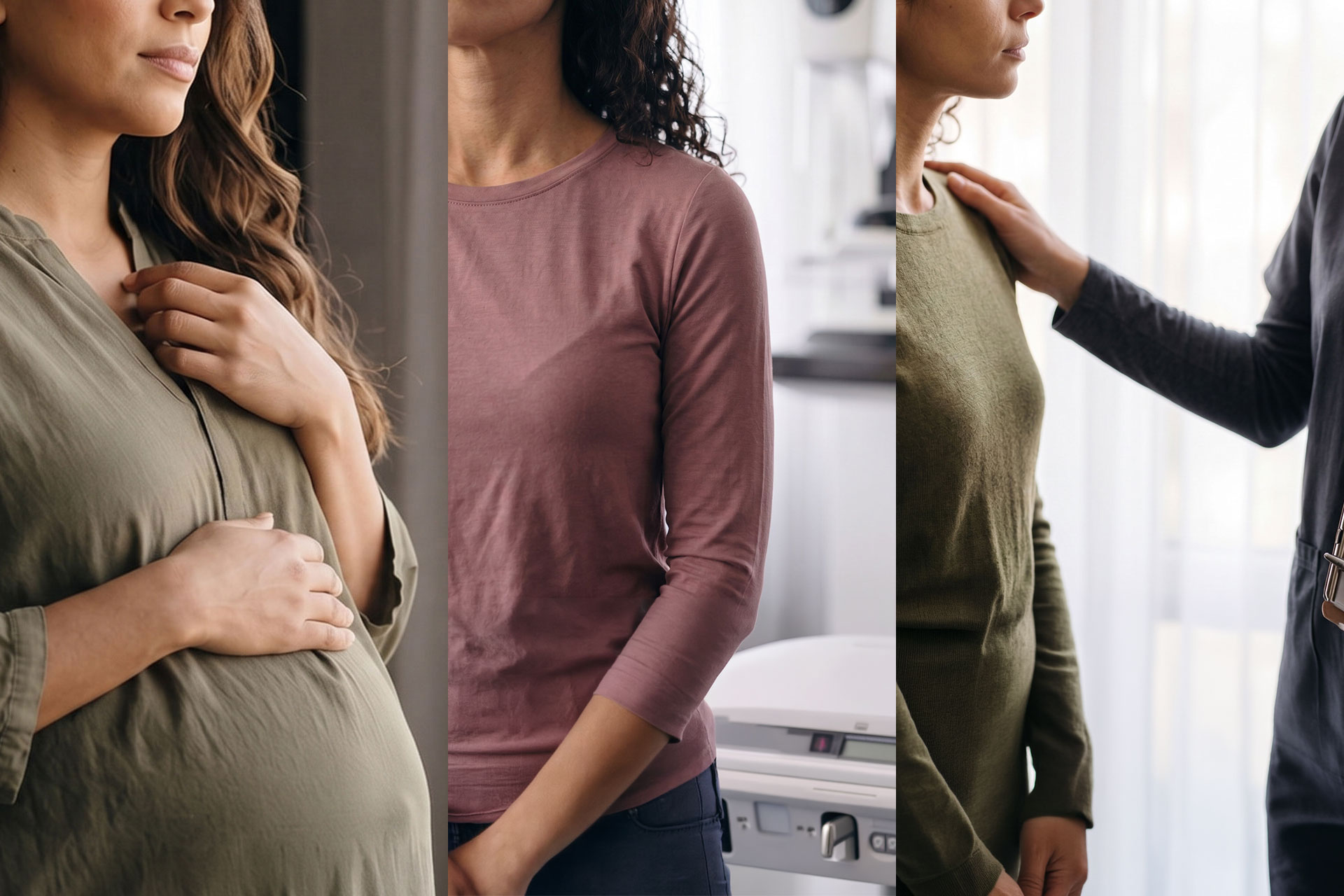 Women's heart health across a lifetime: a pregnant patient, a mammogram, and a midlife visit, each with a clinician.