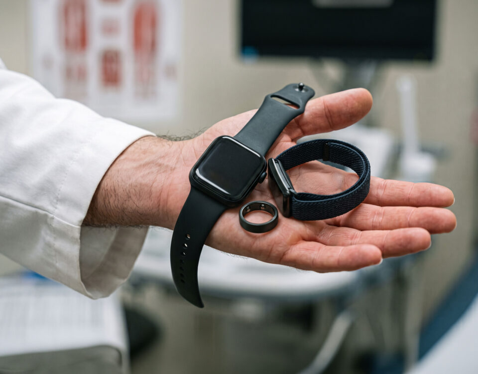 A clinician holding several blood pressure wearables in one hand.
